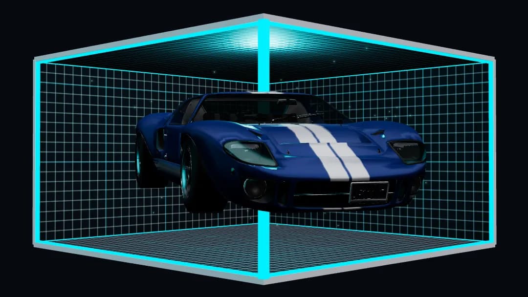 Previsualización de la esquina en L del Cartel 3D: un auto deportivo azul con franjas blancas que asoma de frente desde la arista de la esquina