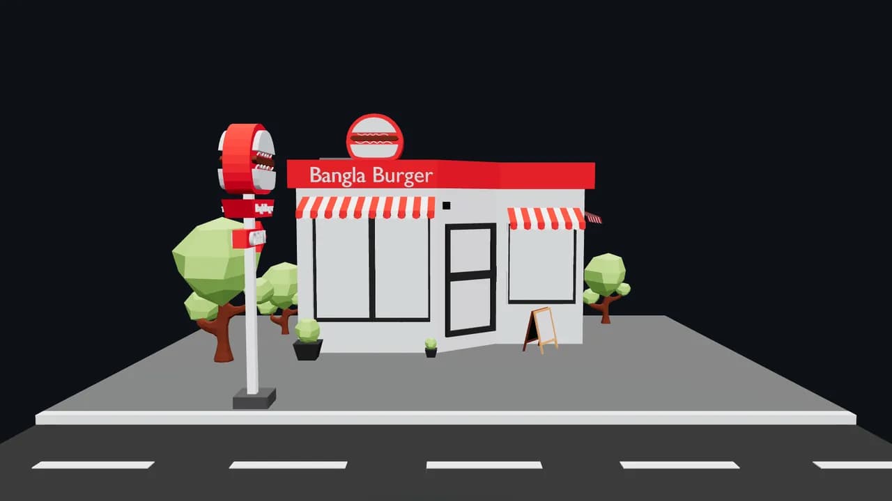 Escenario 3D: la fachada de un local de hamburguesas en 3D, con su cartel, toldos, árboles y la vereda