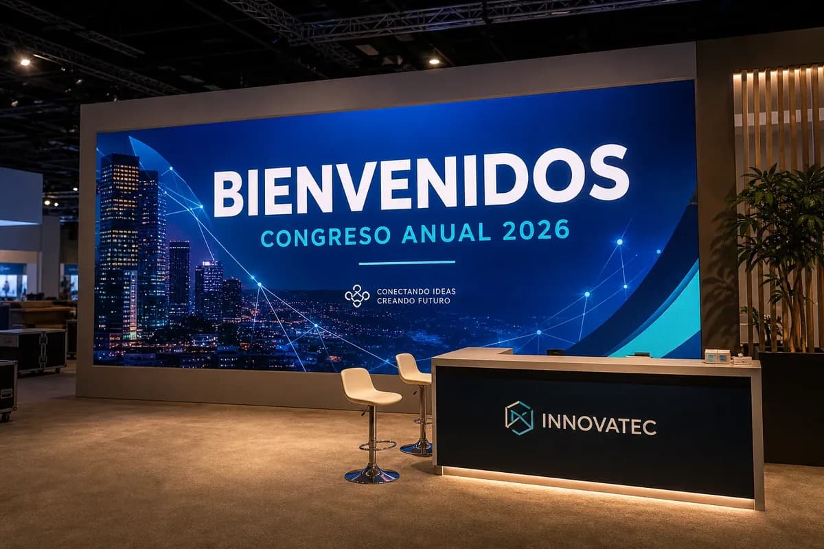 Ilustración: Stand de un congreso con una pantalla LED de pared entera dando la bienvenida a los asistentes