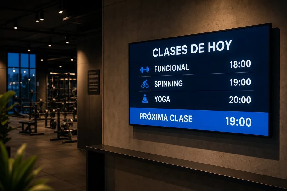 Ilustración: Hall de un gimnasio con una pantalla en la pared mostrando las clases del día y sus horarios, con la próxima clase destacada