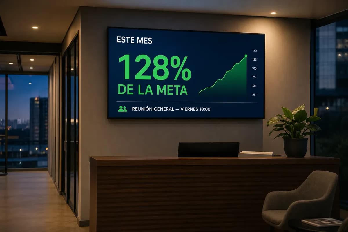 Ilustración: Recepción de una oficina con una pantalla mostrando el avance del mes sobre la meta y el aviso de la próxima reunión general
