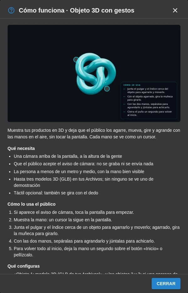 El diálogo «Cómo funciona · Objeto 3D con gestos» del panel de tenelo: la captura del objeto, la cámara arriba de la pantalla, la distancia y los modelos 3D