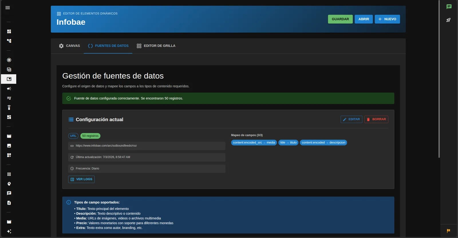 Fuente de datos externa conectada, con el mapeo de campos y la frecuencia de actualización