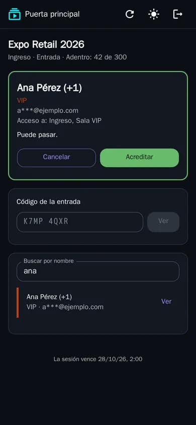 El Acreditador en el celular: la ficha de Ana Pérez (+1), VIP, acceso a Ingreso y Sala VIP, «Puede pasar», con Cancelar y Acreditar