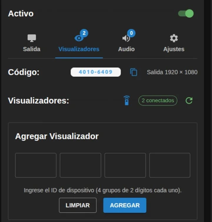 Pestaña de visualizadores de un canal: su código de emparejamiento, la salida en 1920 por 1080, dos visualizadores conectados y el formulario para sumar un equipo por su ID