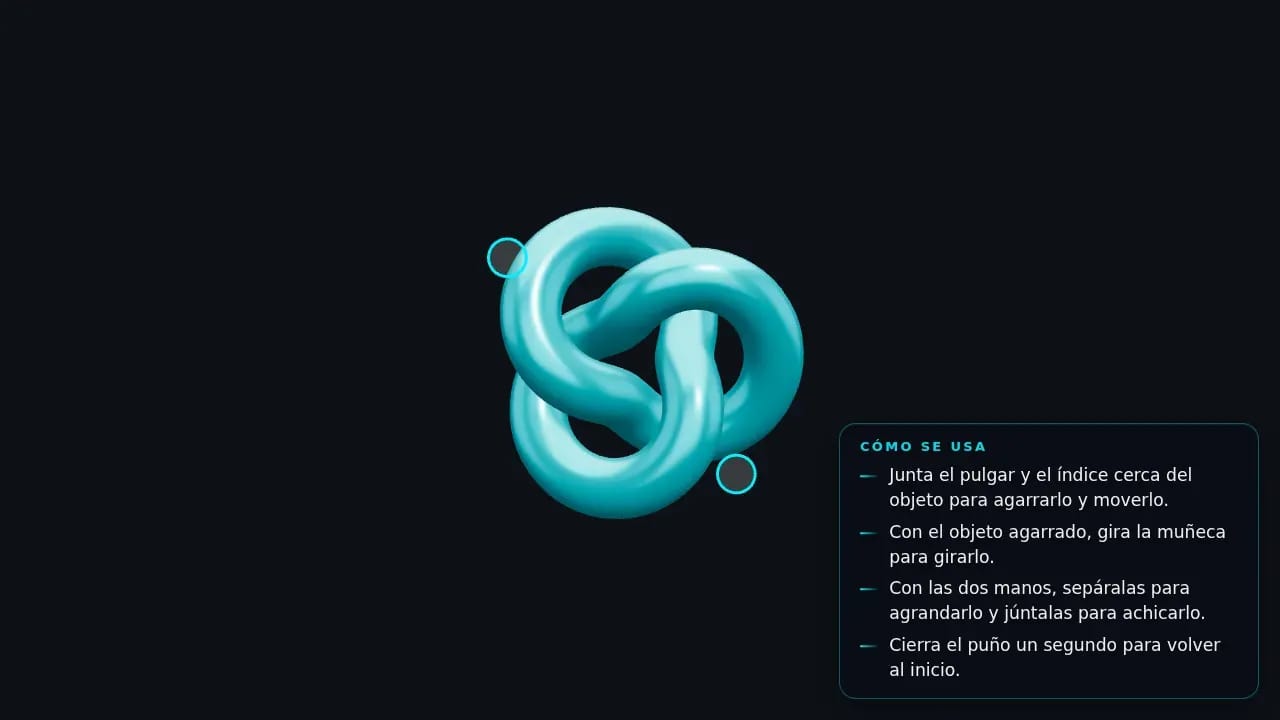 Objeto 3D con gestos: un objeto en 3D que se agarra juntando el pulgar y el índice frente a la pantalla