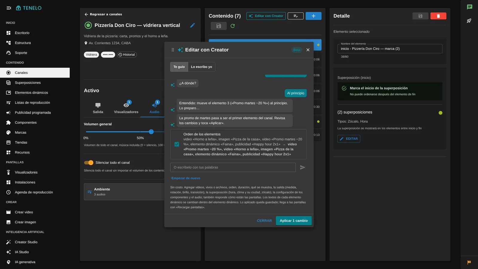 Panel de Tenelo con un canal abierto y Editar con Creator: le piden mover la promo de los martes al principio, Creator muestra el orden anterior y el nuevo, y el botón Aplicar 1 cambio
