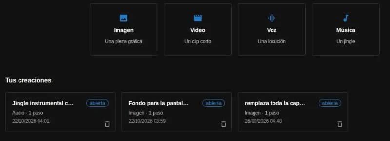 La puerta de IA Studio en el panel de tenelo: elegir imagen, video, voz o música, y debajo las creaciones anteriores para retomarlas