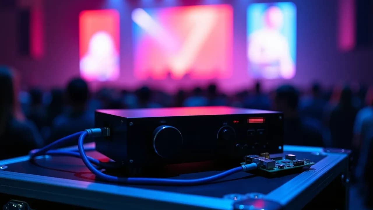 Detrás de escena de un evento: un procesador de video genérico sobre un flight case, una Raspberry Pi al lado conectada por HDMI, cables de red hacia una pared LED desenfocada al fondo