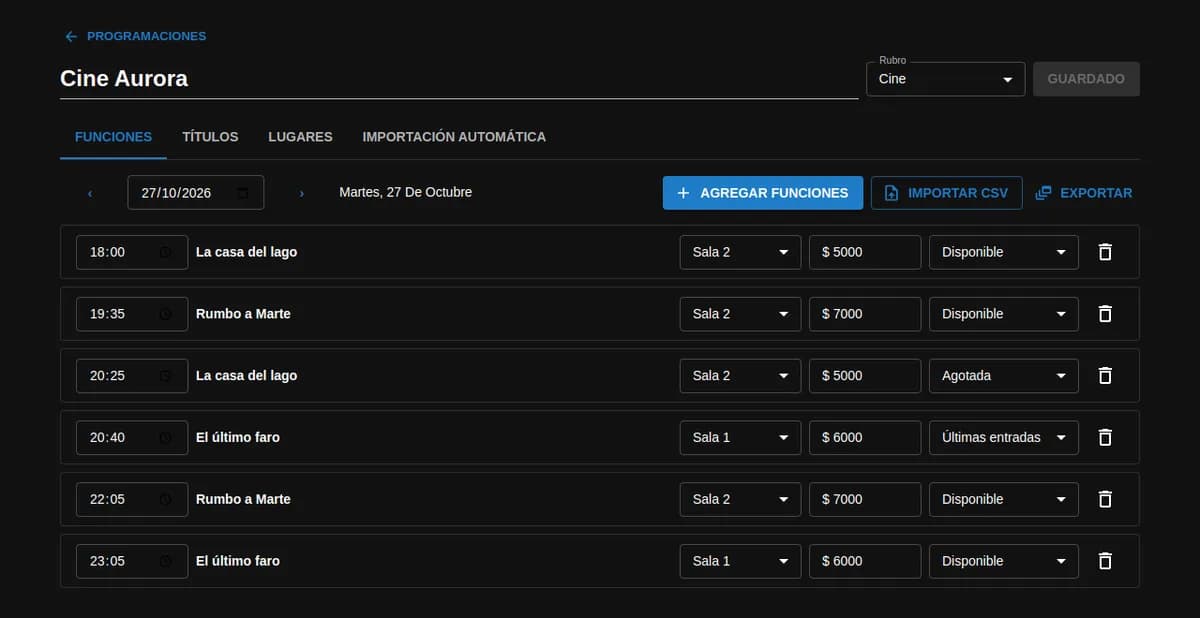 La programación en el panel de tenelo: el rubro, las pestañas Funciones, Títulos, Lugares e Importación automática, y las funciones del día con hora, sala, precio y estado