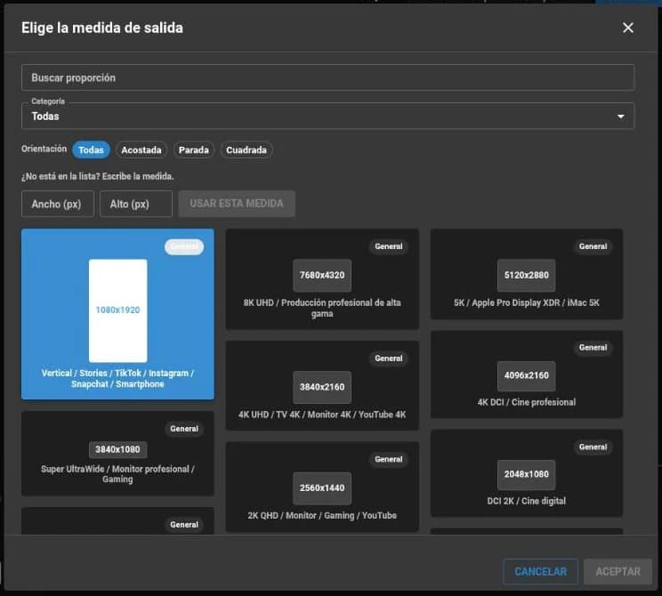Selector de medidas del editor de video: Full HD, 4K, vertical, cuadrado, ultrawide o una medida personalizada