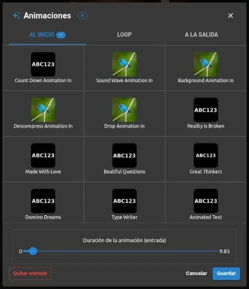 Diálogo de animaciones de un texto en el editor de video: al inicio, en bucle y a la salida, con la duración de la animación