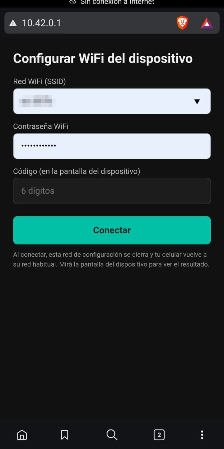 Formulario en el celular: red WiFi, contraseña y el código de la pantalla, con el botón Conectar