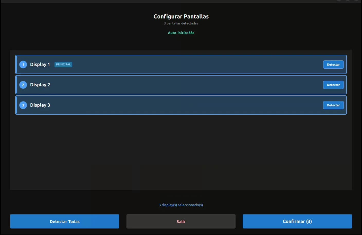 Pantalla Configurar Pantallas de la App Reproductor: tres pantallas detectadas, una tarjeta por cada una con su botón Detectar, la cuenta regresiva del auto-inicio y los botones Detectar Todas, Salir y Confirmar