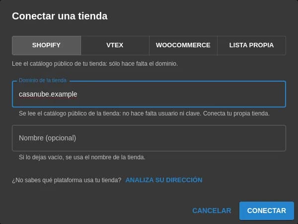 Ventana Conectar una tienda del panel: opciones Shopify, VTEX, WooCommerce y Lista propia, y el campo Dominio de la tienda con el aviso de que se lee el catálogo público sin usuario ni clave